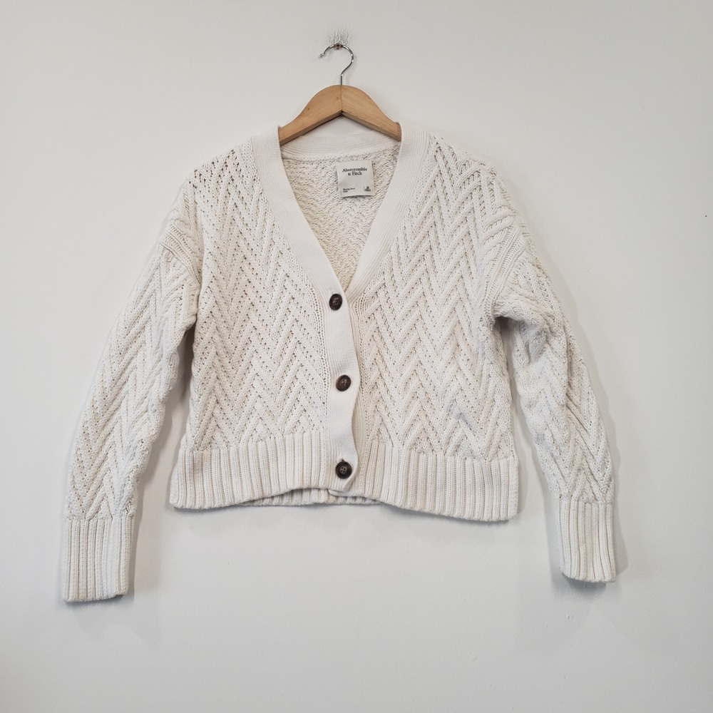 Abercrombie & Fitch Cardigan Cream Chevron Chunky Knit Sweater Preppy Layer Fall